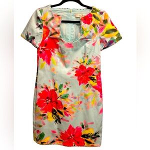 Trina Turk Blue Rashida Floral Frayed Trim Sheath Dress Size 2